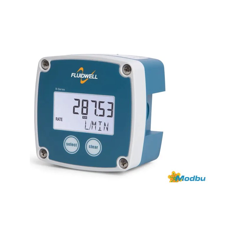 Bộ hiển thị lưu lượng cơ bản Fluidwell B-Series – hiển thị, đếm tổng, xung, 4–20 mA, Modbus – vỏ GRP IP65