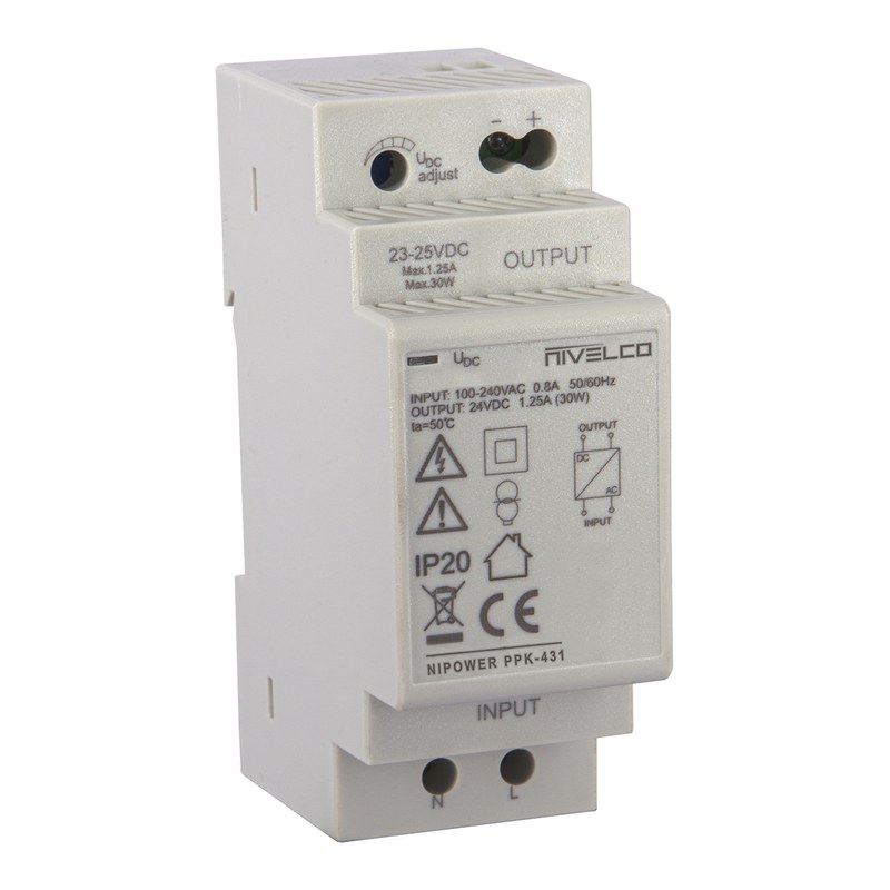 Bộ nguồn gắn ray NIVELCO NIPOWER – 24 VDC 1,25 A hoặc 12 VDC 2 A cho cảm biến, chống chập, quá tải – Bộ nguồn gắn ray