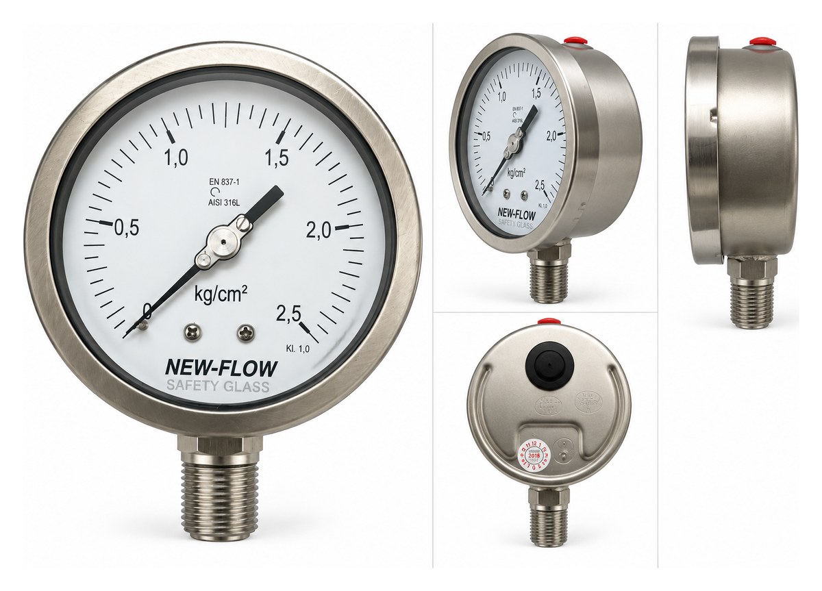 Đồng hồ áp suất inox New-Flow PGS – mặt Ø100 / Ø150, ±1%, IP66, ren ½″ NPT – vỏ inox, mặt kính an toàn – mặt trước, nghiêng, cạnh, mặt sau