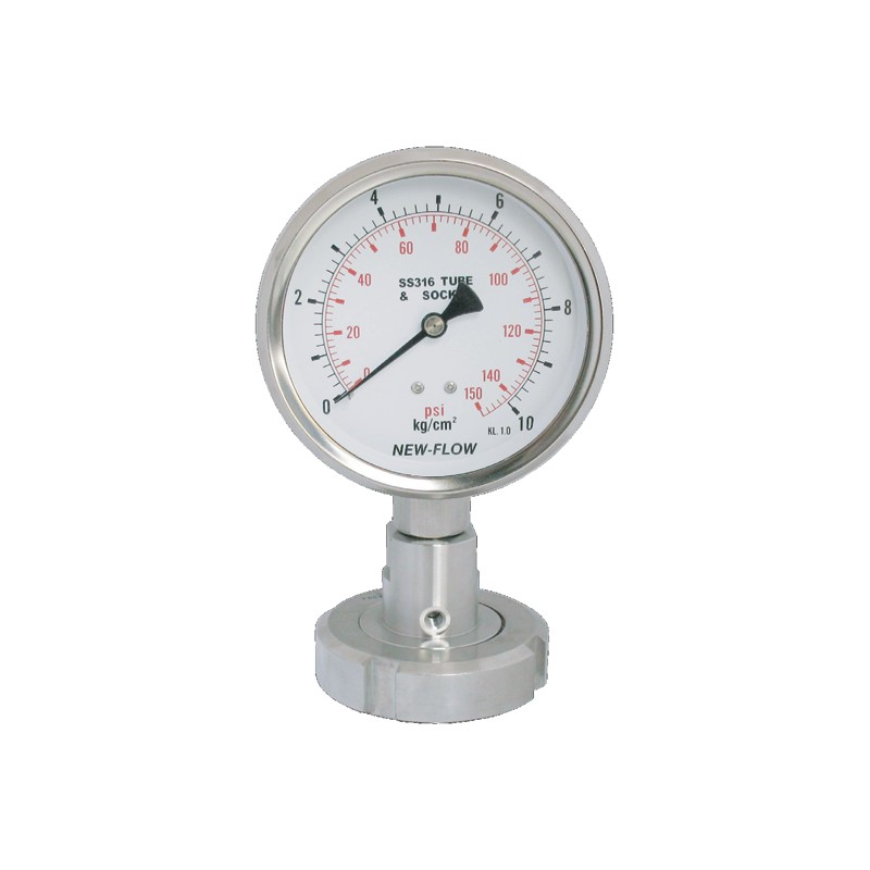 Đồng hồ áp suất màng rắc co DT105 New-Flow – kết nối SMS 1″–2″, DIN11851 DN25–DN50 cho thực phẩm, đồ uống, dược – màng cách ly rắc co SMS DIN11851
