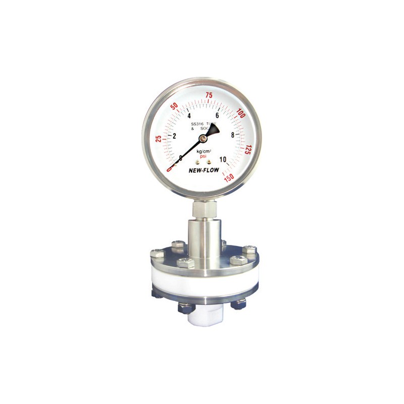 Đồng hồ áp suất màng DT114 New-Flow – thân dưới nhựa PVC / PP / PVDF / Teflon, màng lót Teflon, đến 120°C – màng cách ly thân nhựa lót Teflon