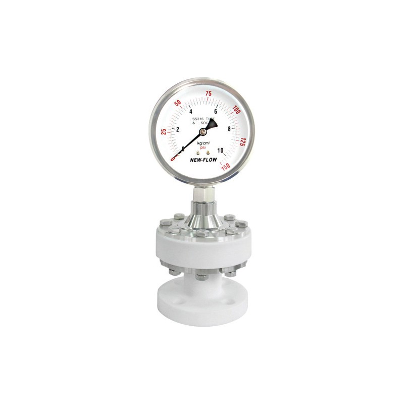 Đồng hồ áp suất màng mặt bích nhựa DT118 New-Flow – thân dưới PVC / PP / PVDF / Teflon, bích ½″–2″, cho axit – màng cách ly mặt bích nhựa