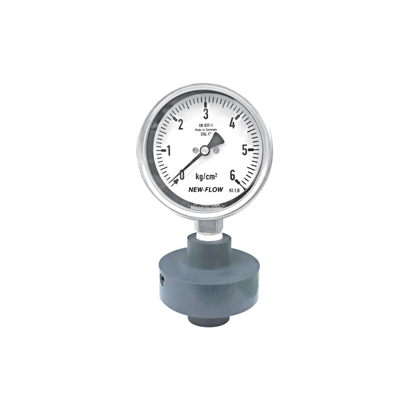Đồng hồ áp suất màng nhựa DT141 New-Flow – thân PVC / PVDF / CPVC / PP, màng EPDM + PTFE, ren ¼″–½″ cho axit – màng cách ly thân nhựa PVC CPVC