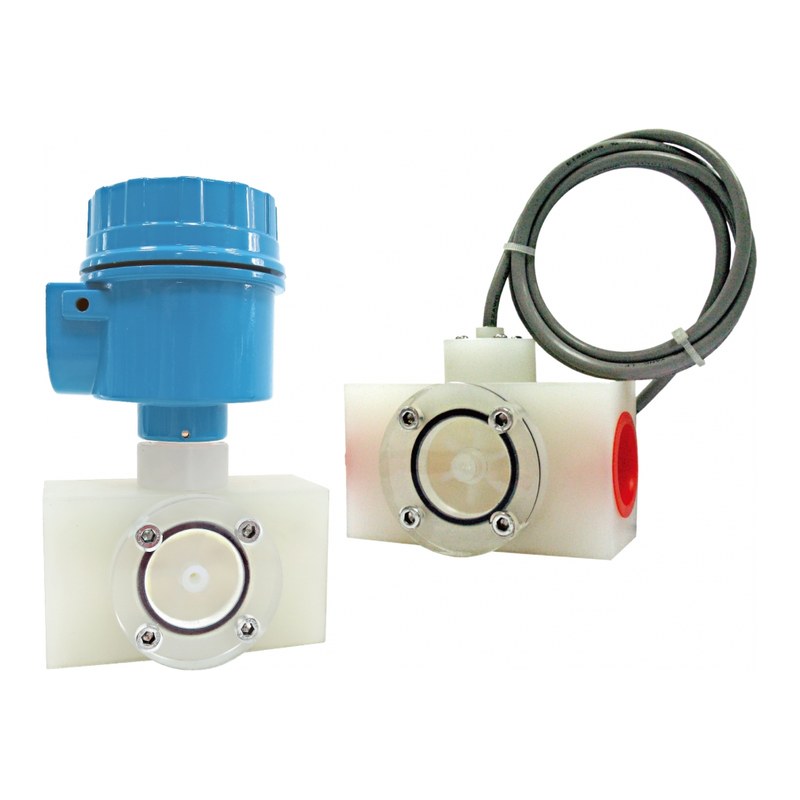 Đồng hồ lưu lượng cánh quạt New-Flow HF100, HF150, HF200 – ngõ ra xung NPN, 4–20 mA – thân nhựa, cánh quạt nhìn qua cửa sổ, đầu phát xung