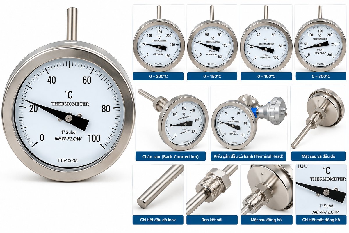 Đồng hồ nhiệt độ lưỡng kim inox New-Flow AY / AI / AY-QS – chân sau, chân đứng, xoay mọi góc – các dải đo 0–100 / 150 / 200 / 300°C, chân sau, mặt sau, đầu dò inox, ren kết nối