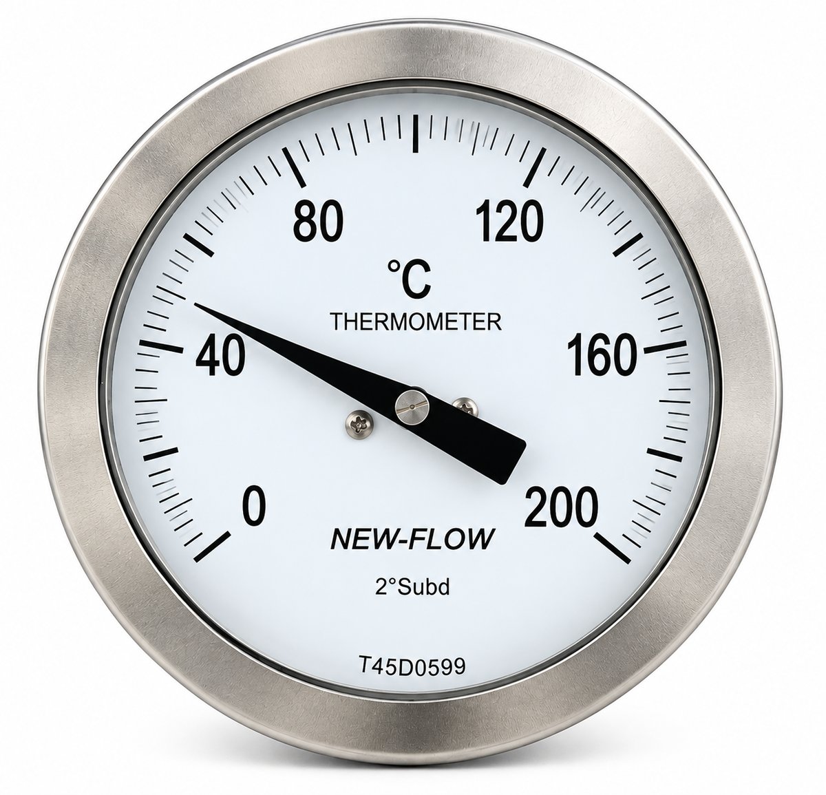 Đồng hồ nhiệt độ lưỡng kim New-Flow mặt inox, 0–200°C