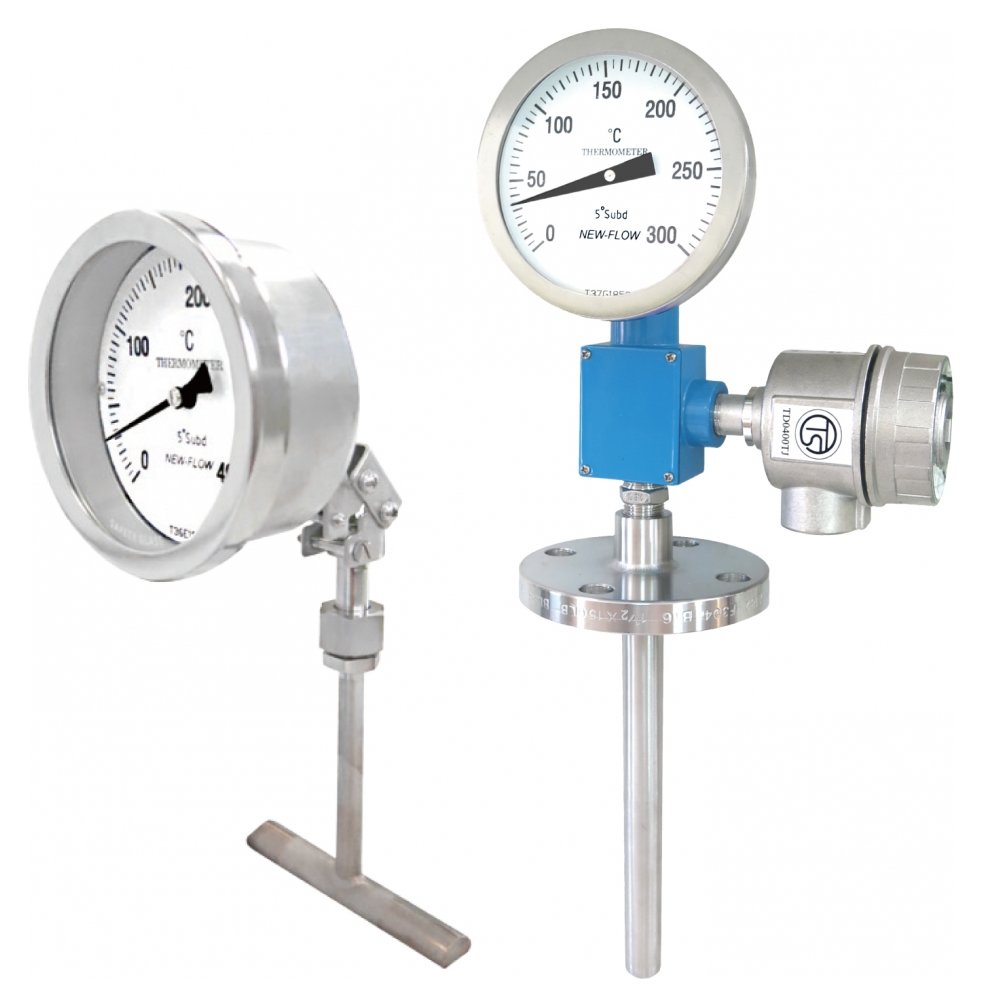 Đồng hồ nhiệt độ bề mặt New-Flow SRG và đồng hồ nhiệt hybrid SHG (kèm Pt100 / cặp nhiệt, 4–20 mA) – bầu cảm biến kẹp bề mặt ống
